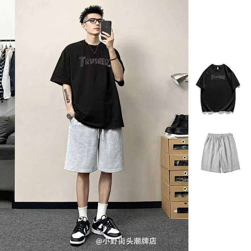 2024 New Summer Cotton t-shirt manica corta pantaloncini Suit Streetwear Match Loose Man Casual Trendy Brand versione coreana t-shirt