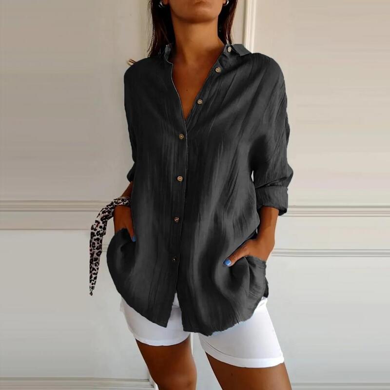 Camisa monocromática de lapela feminina, camisa confortável, manga comprida, tops de peito único, ajuste solto, roupa de trabalho