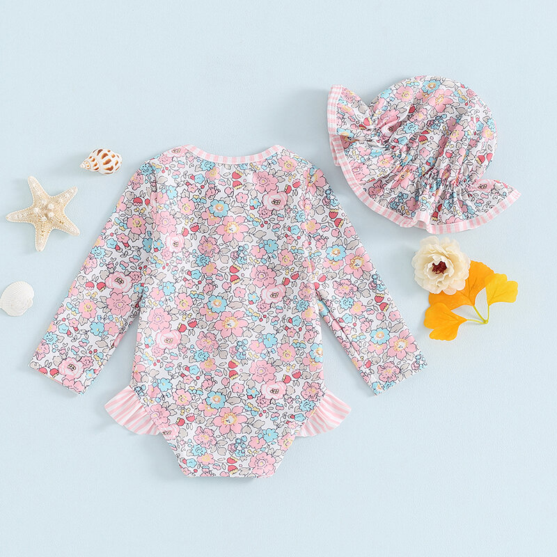 Fato de banho com estampa floral de manga comprida para meninas, roupa de banho infantil com chapéu de sol bowknot, roupa de banho para bebê, 2024-03-11