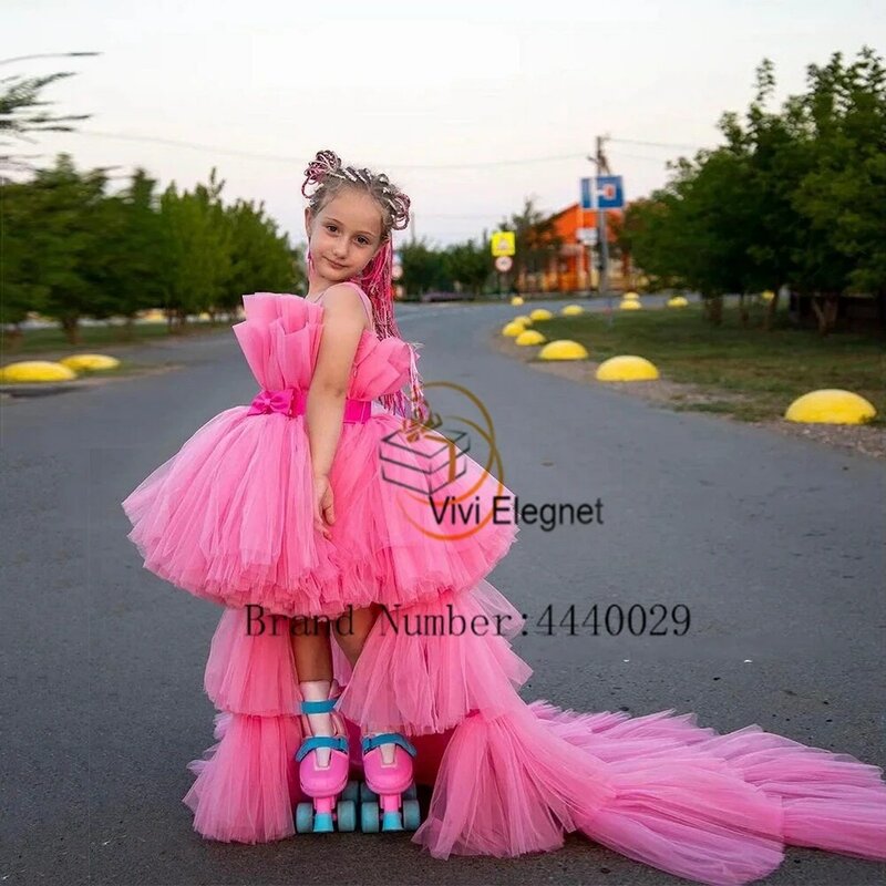 Strapless Flower Girls Dresses with Tiered 2024 Summer Sweep Train Christmas Gowns with Belt New Zipper Back Robe De Soirée