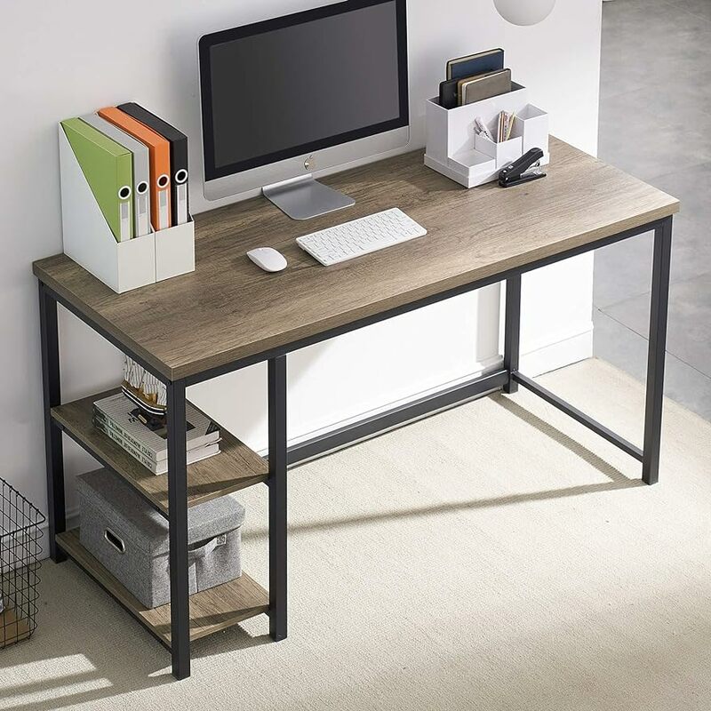 Mesa de madeira e metal do computador com prateleiras, Home Office Desk, 55 ", Rústico Estudo Escrita Mesa, Cinza Cinza