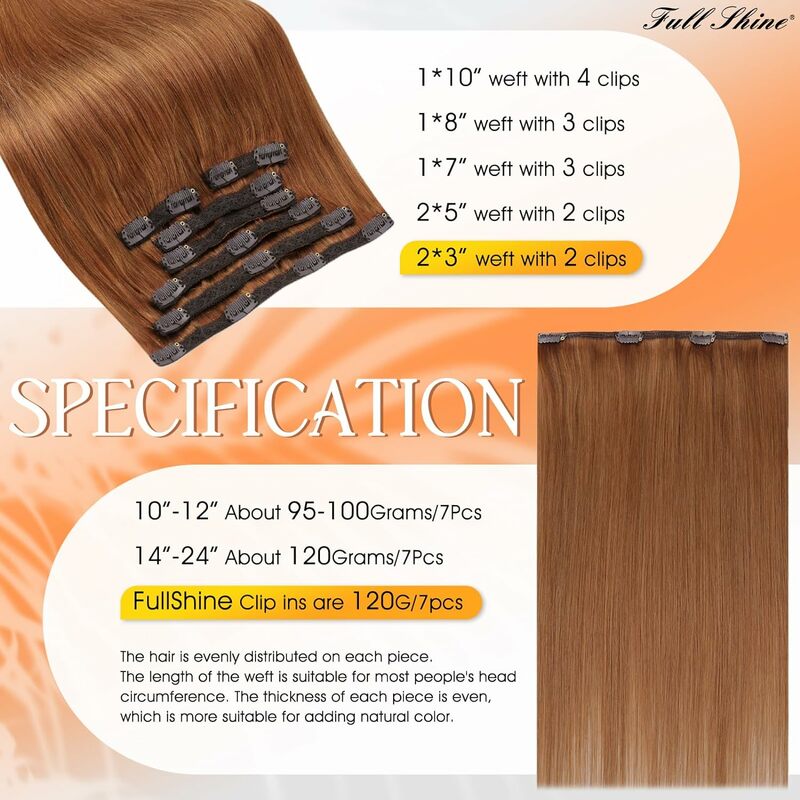 Extension Cheveux Clip Naturel Extensions de Cheveux Humains à clips, 7 pièces, 120g, Double Trame, Balayage, Pour Femmes