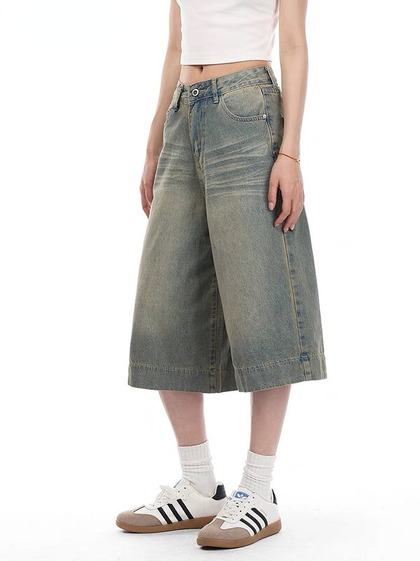 HOUZHOU Vintage Y2k Long Jorts Women Washed Blue Jeans Shorts Baggy Harajuku High Waist Korean Streetwear Wide Leg Denim Shorts