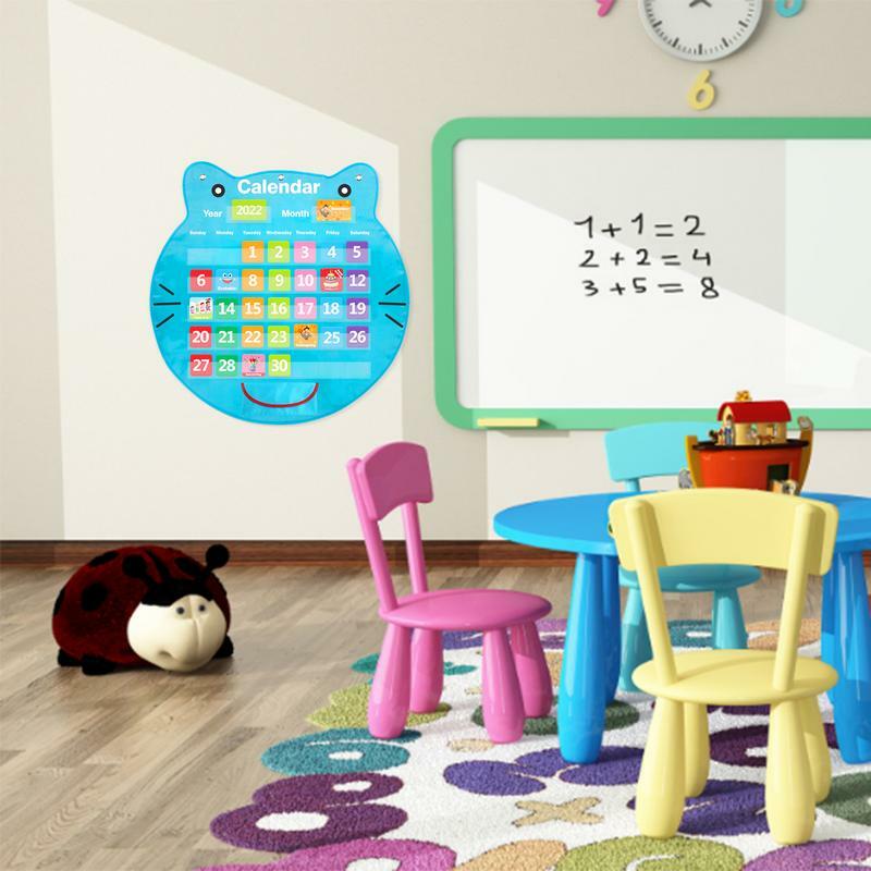 Calendario de bolsillo para aula, tabla de bolsillo con forma de gato de dibujos animados, material de enseñanza impreso transparente con bolsillo inferior