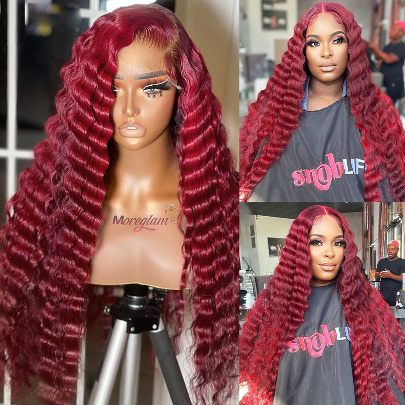 Perruque Lace Front Wig Naturelle Bouclée, Cheveux Humains, Couleur Rouge Bordeaux 99J, 13x4, 13x6, Transparent HD