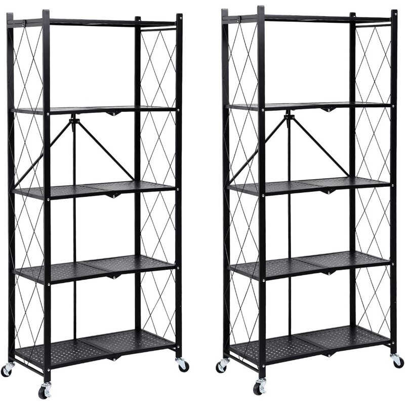 Simple Deluxe HealSmart 5-Tier Heavy Duty Foldable Metal Rack Storage Shelving Unit with Wheels Moving Easily Organizer Shelves