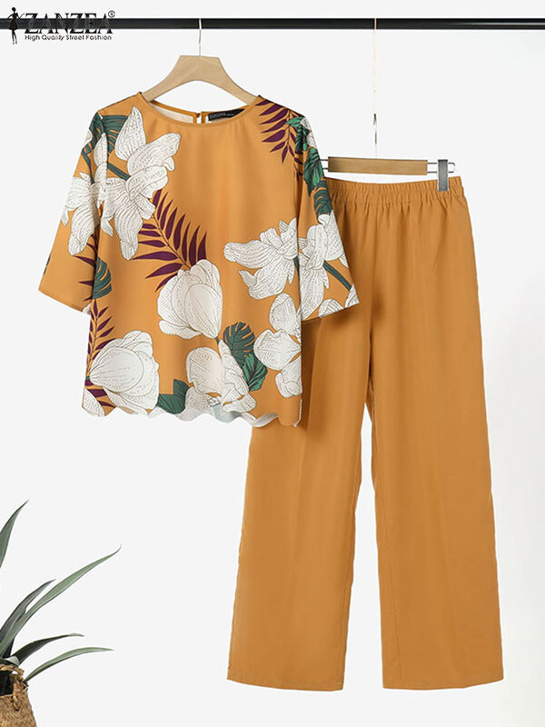 ZANZEA letnie damskie modne pasujące zestawy z okrągłym dekoltem z krótkim rękawem komplety spodni garnitur Casual eleganckie dresy robocze 2024