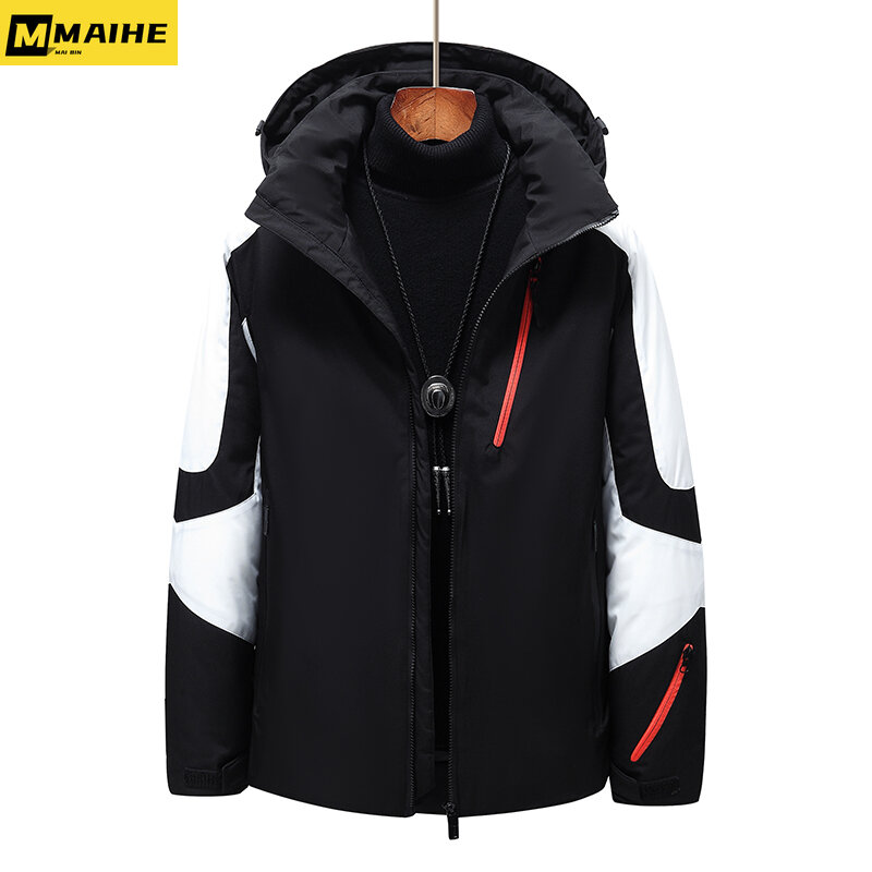 2023 Winter Warm Down Coat Men's Short Color Blocking Hooded Thickened Coat Couple White Duck Down Filling Men's Clothing