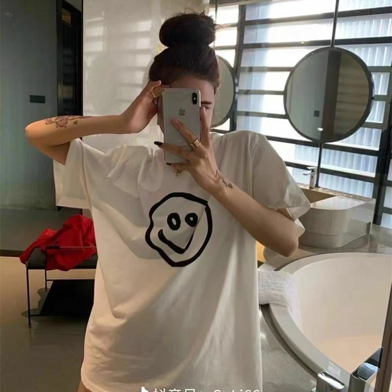 Damska letnia casualowa geometryczna czarna luźna koszulka szkolna z okrągłym dekoltem z krótkim rękawem damska odzież koreańska, z nadrukiem biały Top koszulka