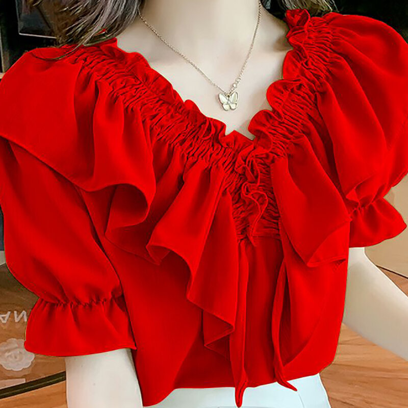 Fashion V-Neck Lace Up Folds Puff Sleeve Ruffles Blouses Female Clothing 2024 Summer New Loose Korean Tops Sweet Chiffon Shirts