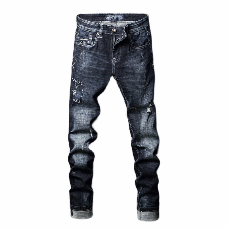Projektant mody męskie jeansy wysokiej jakości Retro czarny niebieski elastyczny Slim Fit porwane jeansy męskie Vintage casualowe spodnie jeansowe Hombbre