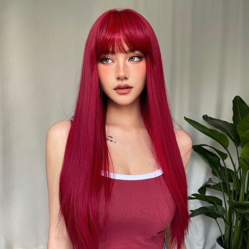 Wig sintetis anggur merah muda dengan poni untuk wanita, Wig rambut lurus panjang pesta Cosplay alami tahan panas