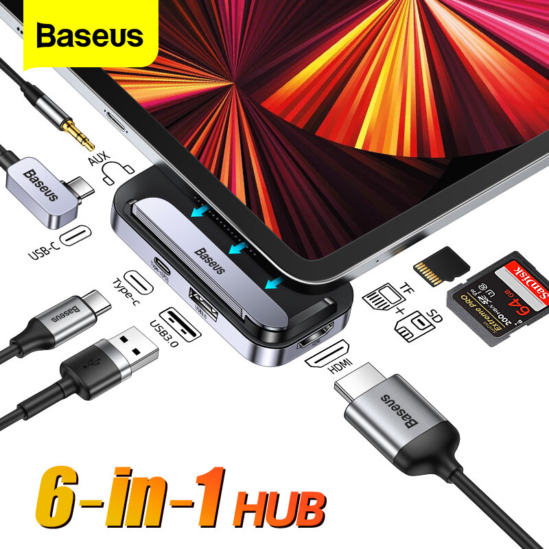 Baseus-concentrador USB C para iPad Pro 2021, adaptador USB 3,0, tarjeta SD TF, 4K, HDMI, compatible con estación de acoplamiento tipo C para MacBook Pro Air