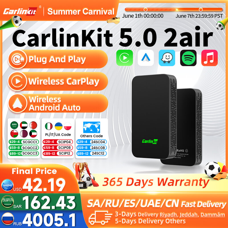 CarlinKit 5.0 cablato a Wireless Android Auto Box Wireless CarPlay Adapter Smart Car Ai Box WiFi Bluetooth Auto Connect Plug & Play