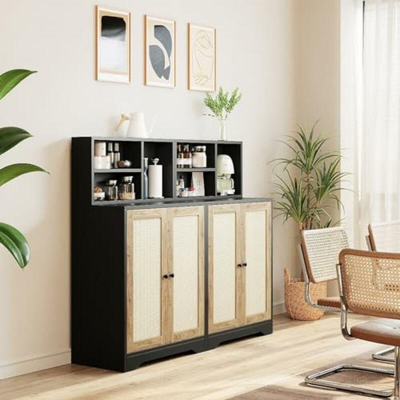 Rattan Decorated Kitchen Buffet Cabinet Natural Finish Sideboard Storage Wall Mounted Dining Room Pantry 2 Doors Bar Cabinet