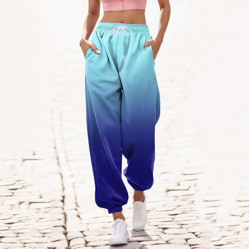 Fashionable Drawstring Elastic Waisted Trousers For Women Casual Gradient Printing Sweatpants Pockets High Waist Pants