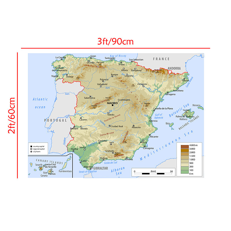 90*60ซม.แผนที่สเปน Orographic Non-ทอภาพวาดผ้าใบผนังตกแต่งโปสเตอร์และพิมพ์ห้องนั่งเล่นบ้านตกแต่ง