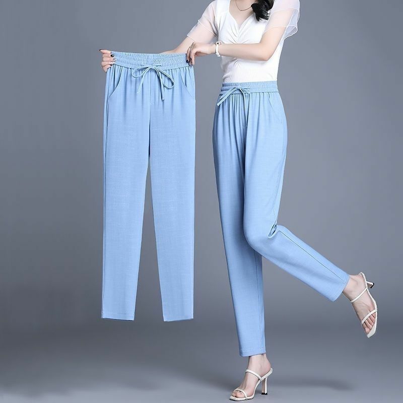 Jeans de cintura alta com elástico feminino com bolsos com cordão, Harun reto solto, calça casual, monocromática, fina, coreana, nova, verão, 2022