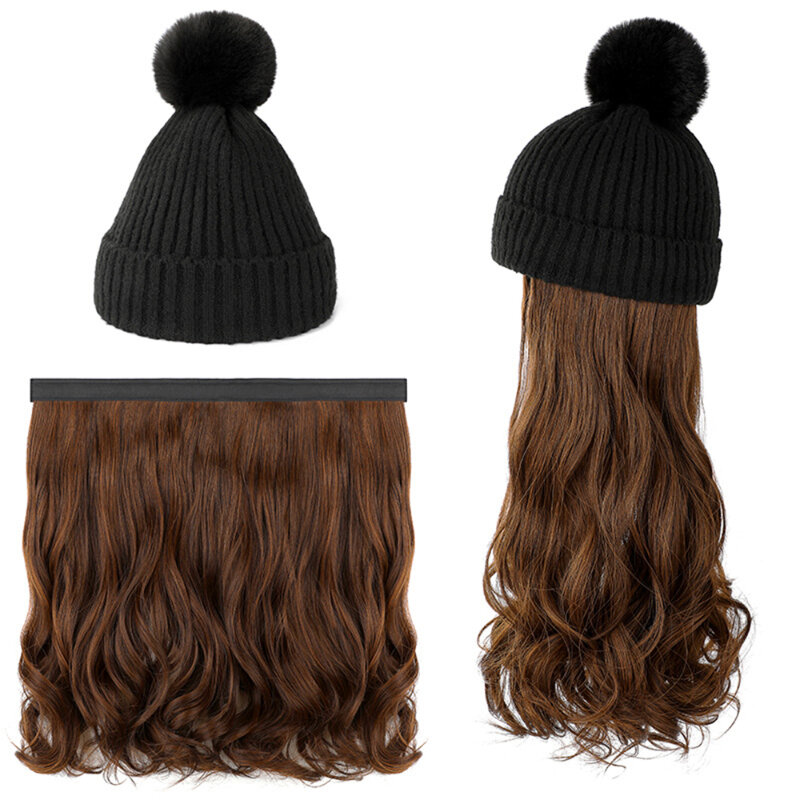 Fashion Hat Wig Brimless Cap with Long Curly Wave Hair Extensions Knitted Synthetic Removable Hairs Piece for Women Winter Use