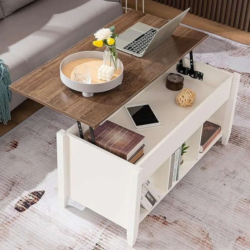 Levante a mesa de café superior com prateleira de armazenamento e compartimento escondido, gás Lift, branco Pop Up Coffee Table