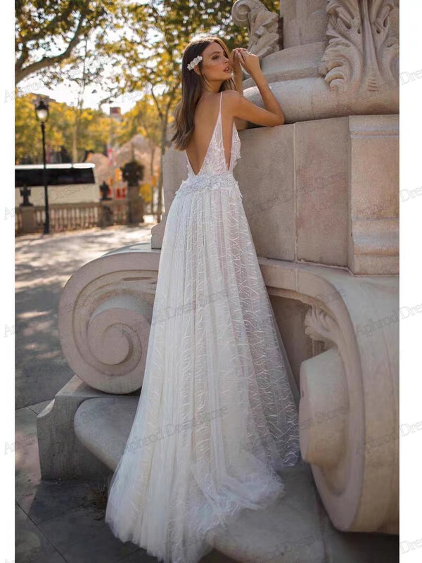 Gaun pernikahan Vintage gaun pengantin renda seksi jubah tanpa lengan leher V rendah belahan tinggi untuk pesta Formal 2024 Vestidos De Novia