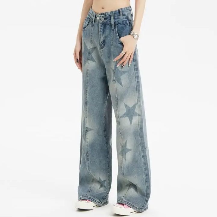 Jeansy nadruk gwiazdy w stylu Vintage niebieski z wysokim stanem kobiety moda amerykańska moda uliczna z szerokimi nogawkami dżinsowe spodnie damskie luźne spodnie dżinsowe
