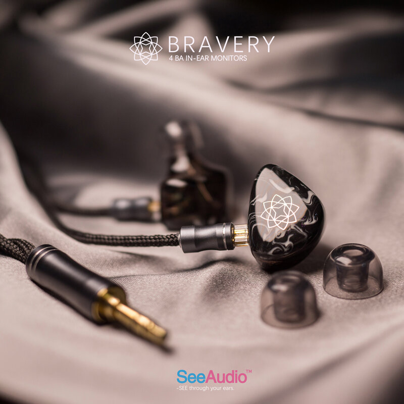 SeeAudio Bravery Black Edition Resin Wired Music Earbud 4BA Balanced Armature In-Ear Monitors Earphone With 6N OCC Hakugei Cable