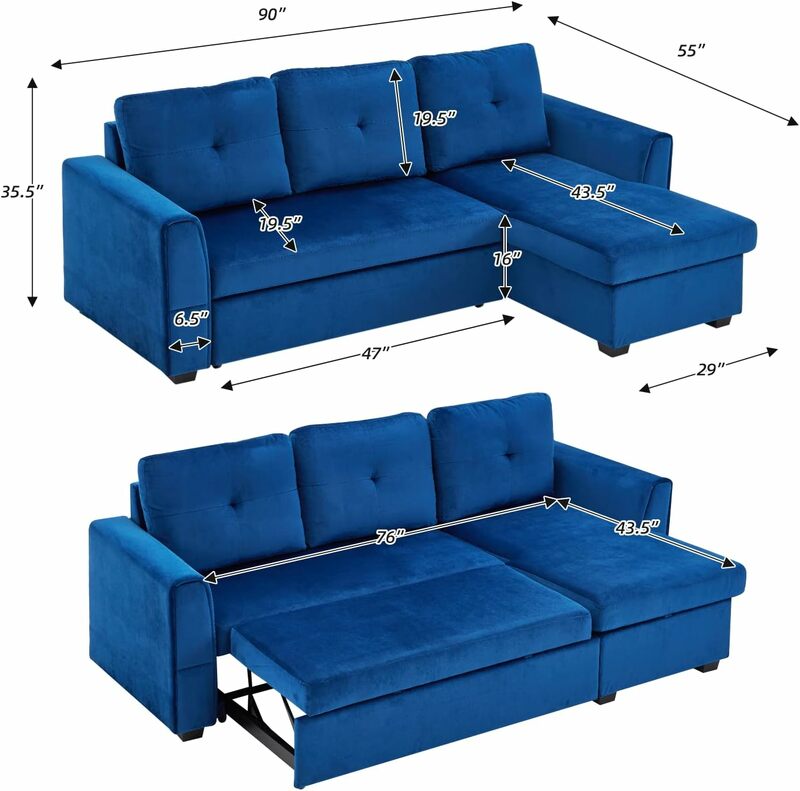 Sofá-cama 3 lugares com armazenamento Otomano para sala de estar, flanela e chaise longue removível