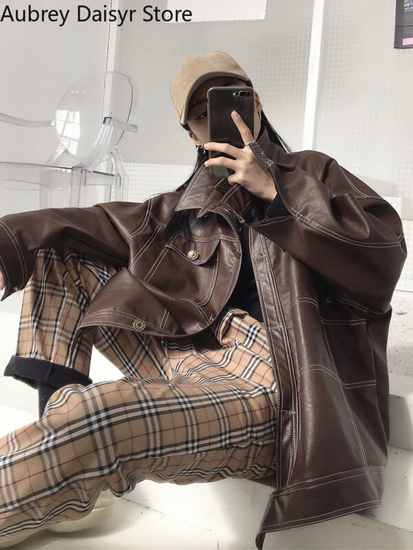 Chaqueta de cuero negro coreano para mujer, ropa de calle Harajuku, chaqueta de Moto suelta, ropa de calle Vintage Punk, abrigo de motorista, 2022
