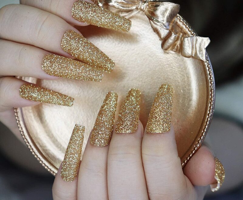 Glitter Gold Powder Press on False Nails Extra Long Coffin Ballerina Shape unghie finte copertura completa Shiny Ballet acrilico artificiale