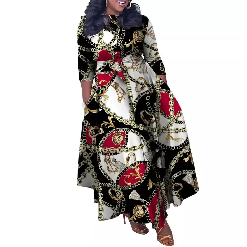 Gaun wanita Afrika Dashiki 2024, gaun Maxi panjang bercetak ukuran Plus kerah O lengan panjang musim gugur L-5XL