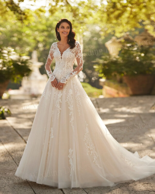 Charming Gentle Long Sleeve Wedding Dresses A Line Lace Appliques Bride Gowns V Neck Sweep Train Backless Vestidos De Novia 2024
