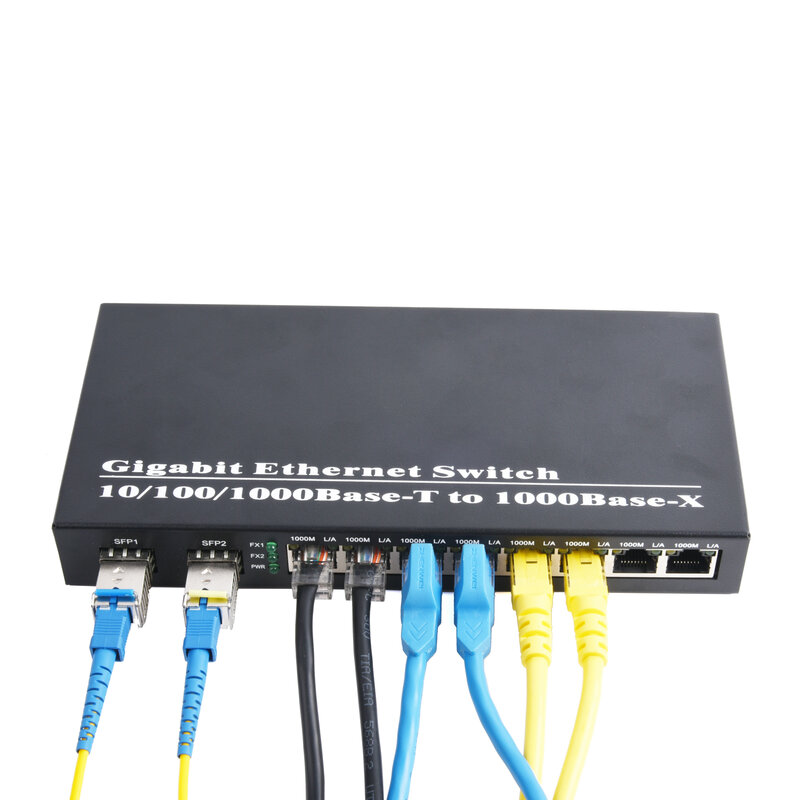 Conversor de mídia Gigabit sfp, transceptor 2 sfp para 8rj45, interruptor de fibra óptica 10/100/1000m com módulo 3km/20km lc/sc sfp, 1 parte