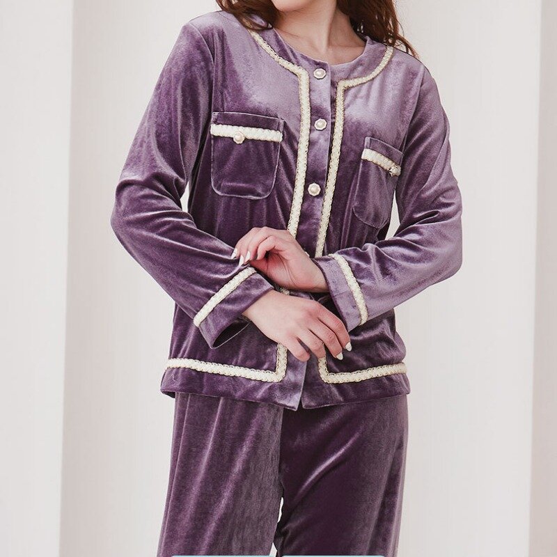 Conjunto de pijama de manga comprida feminino, calças com gola redonda, roupa de casa grossa, monocromático, novo design, moda, outono, inverno, 2023
