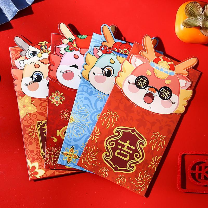 Китайские новогодние красные конверты 2024 года, 4 шт., Мультяшные карманы для денег на праздник весны, дракона, года Hongbao, модные свадебные пакеты на удачу