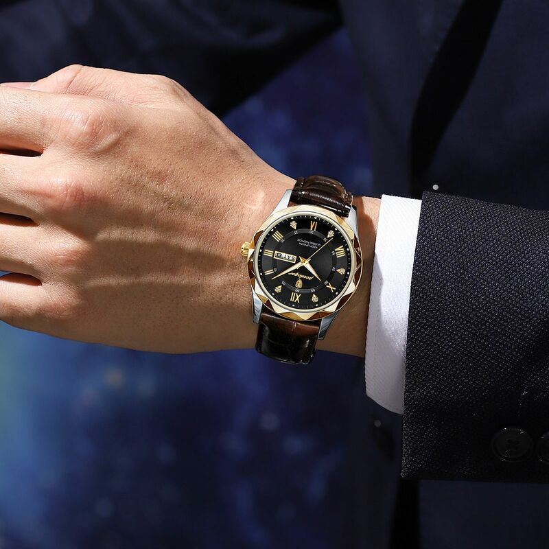 POEDAGAR 럭셔리 비즈니스 남성 손목 시계, 방수 발광 날짜 주, 남성 쿼츠 시계, 가죽 시계