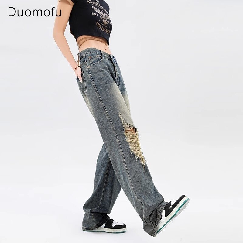 Duomofu American Basic High Waist Slim Vintage Women Jeans New Chicly Hollow Out Loose Simple Casual Fashion Autumn Female Jeans