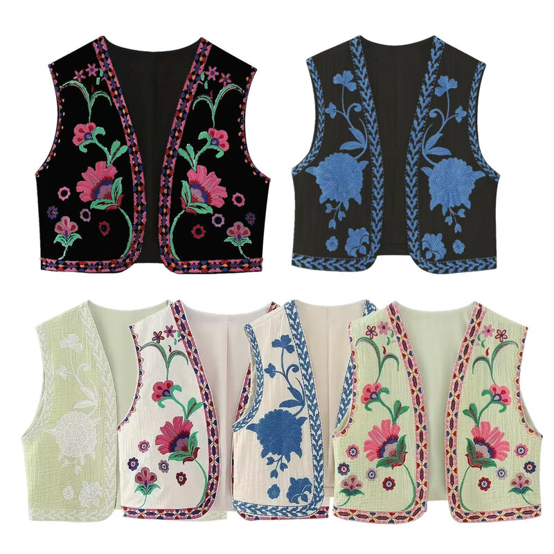 KEYANKETIAN Women Ethnic Style Vest Coat Set Casual Holiday Short Top Women's Vintage Floral Embroidery Open Waist Coat