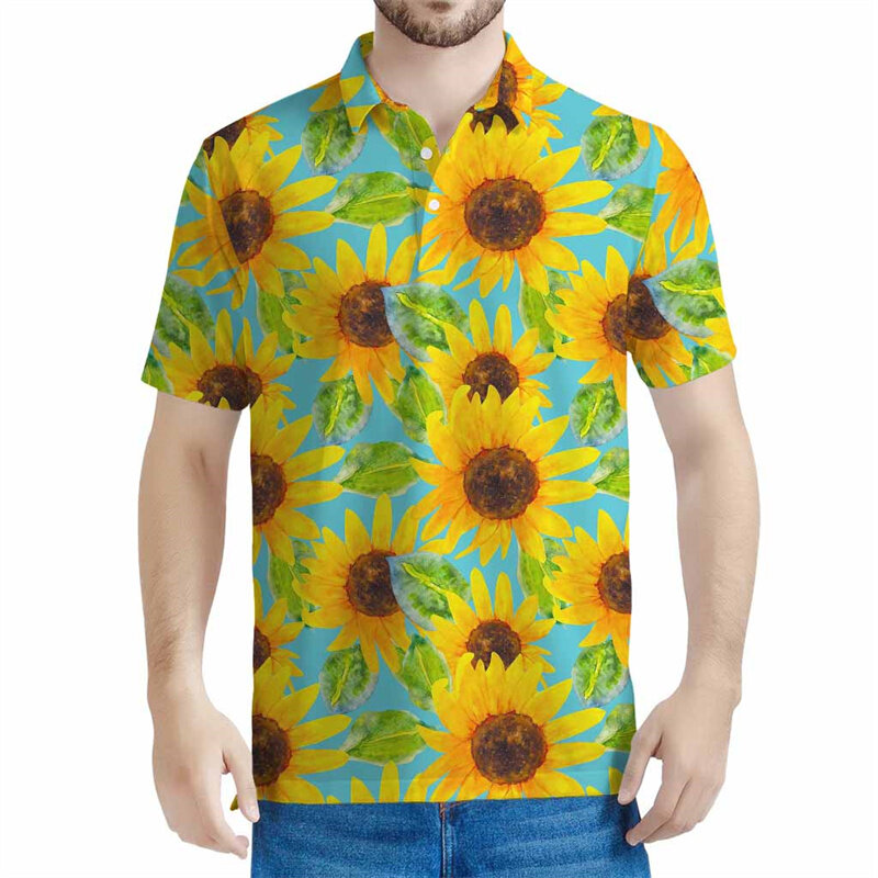 Polo con estampado 3D de girasol para hombre, camiseta de manga corta con botones, ropa de calle de verano