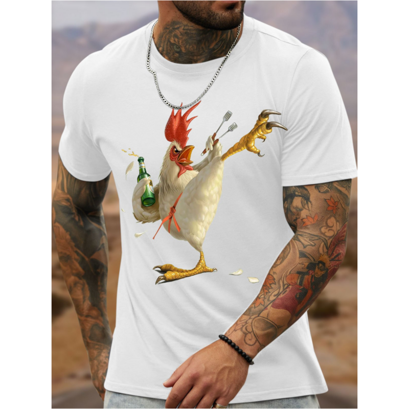 Camiseta de manga curta com estampa 3D masculina engraçada galinha, roupa diária, camisa de rua, vintage, camiseta casual, verão