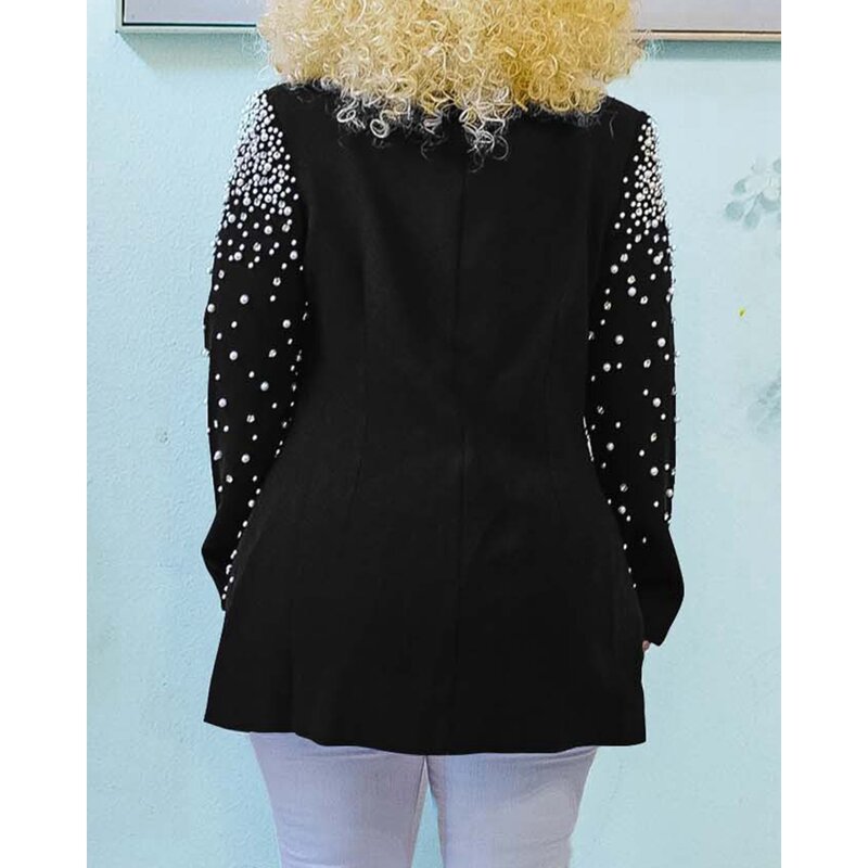 여성용 비즈 노치드 칼라 블레이저 코트, 긴 소매 재킷, 우아한 오피스 레이디 작업복 정장, 가을 패션