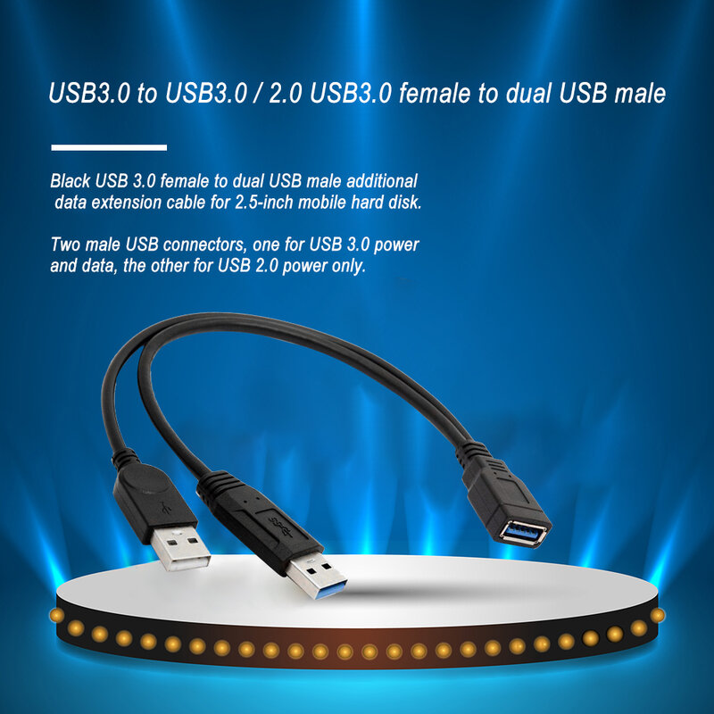 Y Cabo de Extensão de Dados, USB 3.0 Feminino para Dual USB, Tipo A Macho, Black Power Data Splitter, Extra Power