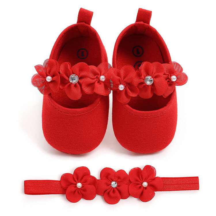 Sepatu bayi, pesta, bayi baru lahir kasual nyaman musim semi musim gugur sepatu bayi untuk bayi perempuan + bandana bunga 2 buah/set