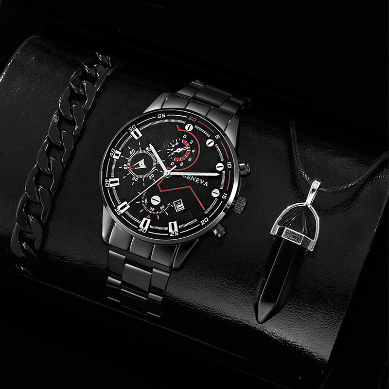 Relógio de quartzo de aço inoxidável masculino, relógios calendário de negócios, pulseira preta casual, colar, moda, conjunto 3 peças