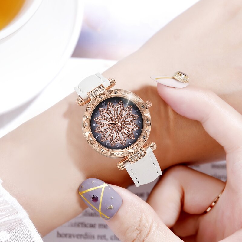 Relógio de pulso analógico de strass cintilante feminino, bracelete flor rosa, quartzo fashion, presente para mamãe, ela, 1pc