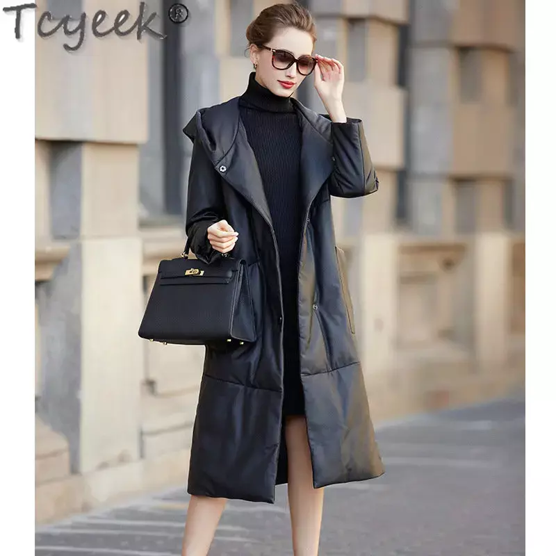 Tcyeek – veste à capuche ample en cuir véritable pour femme, manteau élégant en peau de mouton, vêtement chaud, collection hiver 2023