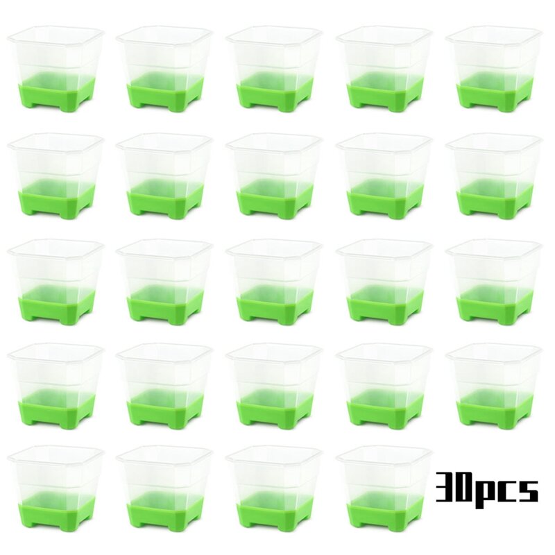 Pots de pépinière transparents avec base en silicone pour une transplantation facile, pot de plante en plastique transparent, base en silicone verte, 30 paquets