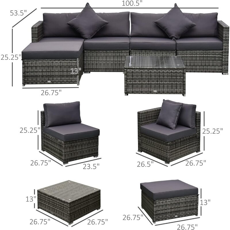 Outsunny 6 Delige Terrasmeubilair Set Outdoor Rieten Conversatie Set All Weather Pe Rotan Sectional Sofa Set Met Poef