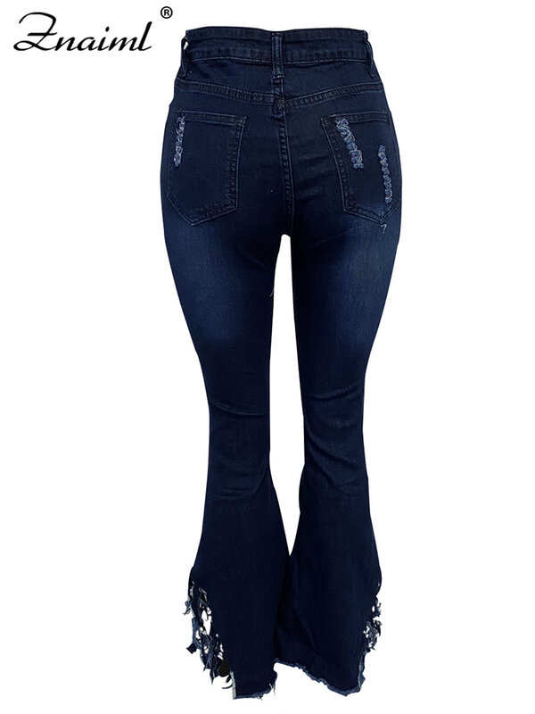 Пикантные рваные джинсы Znaiml с дырками, женские брюки-клеш с бахромой и оборками, с кисточками, облегающие брюки с высокой талией, уличная одежда