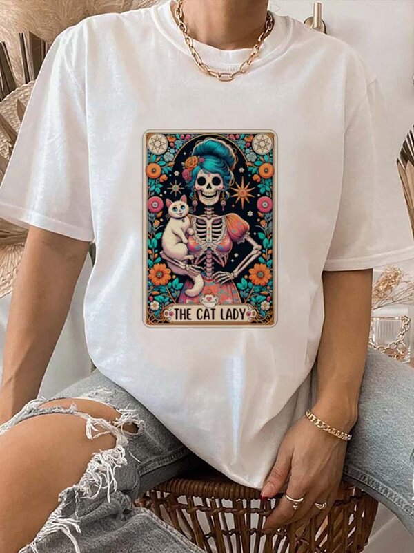 Thecat Lady 반팔 타로 브랜드 프린트 의류, 재미있는 여성용 O-넥 탑 프린트 스타일, 트렌디 스타일 캐주얼 티셔츠
